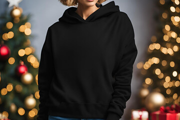 Super Close-Up of Black Sweatshirt and Jeans with Christmas Garland and Stockings in the Background