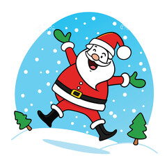 a cartoon illustration of Santa Claus in a snowy landscape