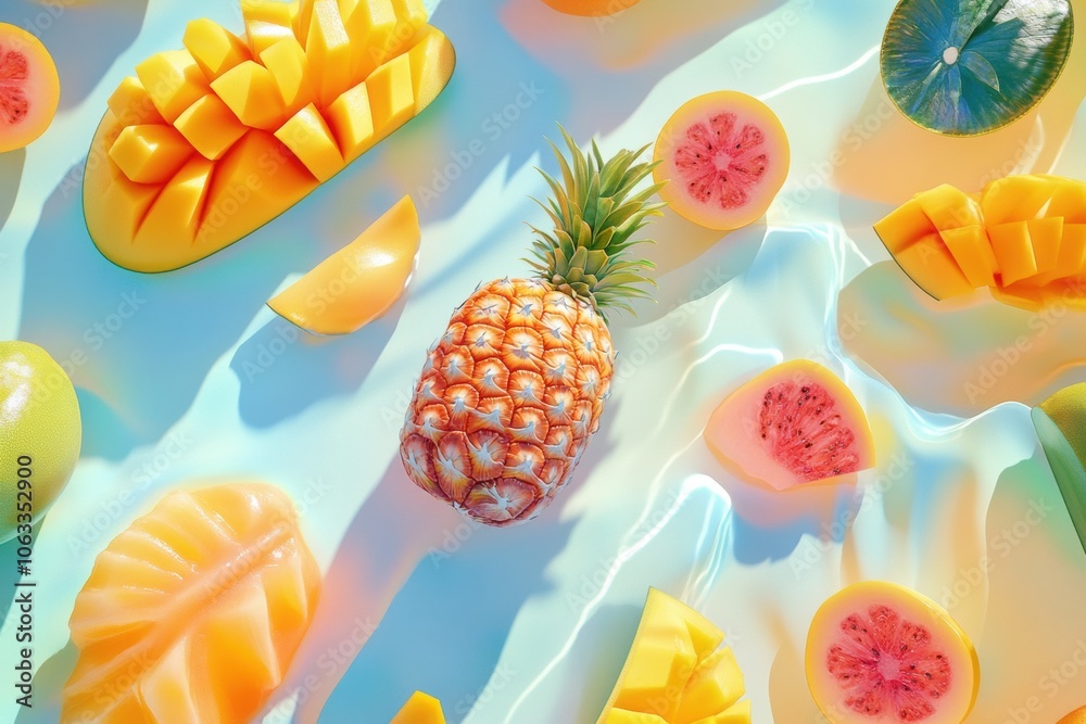 Poster a colorful display of sliced tropical fruits such as pineapples, mangoes, and papayas creates an inv