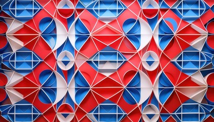 Intricate USA Inspired 3D Geometric Paper Art in Red, White, and Blue. Dynamic Abstract Design with Layered Shapes and Depth, Perfect for Patriotic Themes, Backgrounds and American Celebration Project