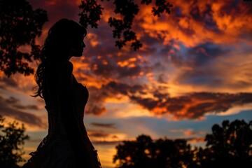 A woman stands alone at the edge of a beautiful sunset