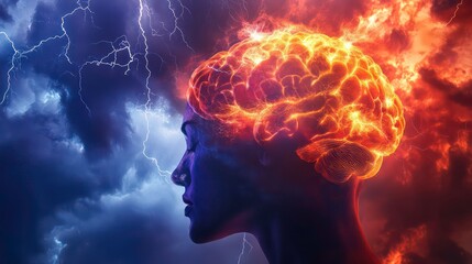 A silhouette of a person with a fiery brain against a stormy background, symbolizing intense thought.
