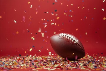 American football celebrating victory with colorful confetti falling on a red background