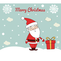 a Christmas greeting card with a cartoon illustration of Santa Claus in the center