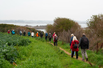 Groupe de randonneurs sur le GR34 en Bretagne-France