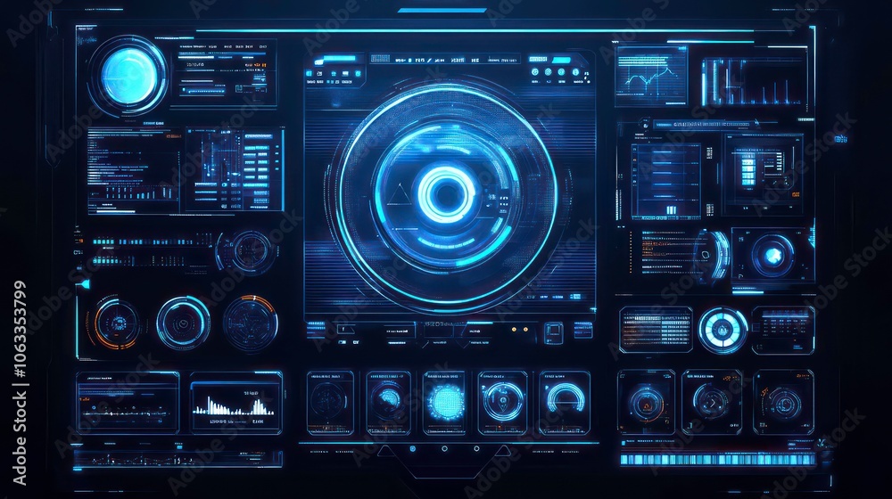 Poster Futuristic control panel displaying various data metrics and visualizations.