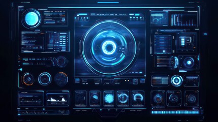 Futuristic control panel displaying various data metrics and visualizations.