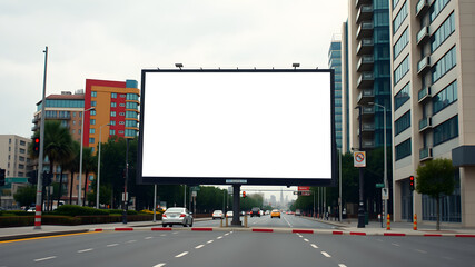 A large billboard sits in the middle of a city street