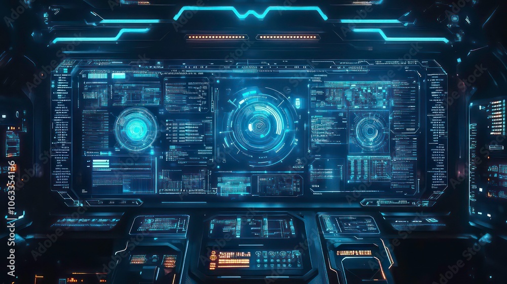 Poster Futuristic control panel with digital displays and interfaces.