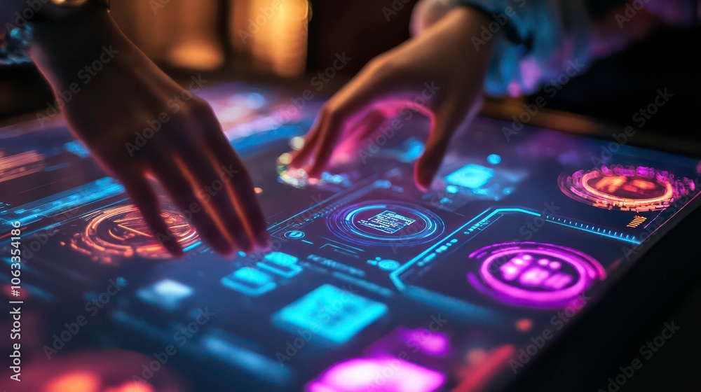Poster the digital screen is touch-sensitive and displays holographic icons