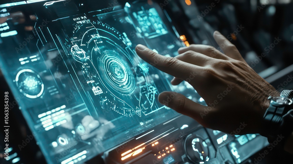 Poster the digital screen is touch-sensitive and displays holographic icons