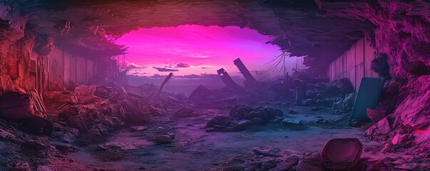 Fototapeta premium A surreal landscape with pink and blue lighting, showcasing the aftermath of a catastrophic event.