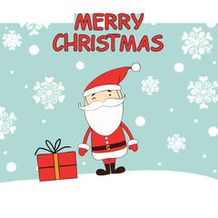 a Christmas greeting card with a cartoon illustration of Santa Claus in the center