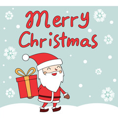 a Christmas greeting card with a cartoon illustration of Santa Claus in the center