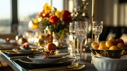 A beautifully set dining table with gold-plated cutlery,