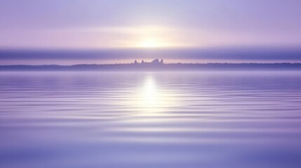 Obraz premium A Dreamy Sunrise Over a Calm Sea with Gentle Ripples and a Mystical Silhouette in the Background