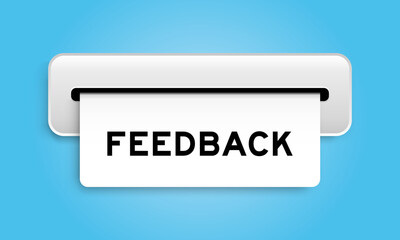 White coupon banner with word feedback from machine on blue color background
