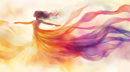Obraz premium Enchanting feminine silhouette enveloped in flowing ribbons of color, illustrated in a light and airy watercolor style, using soft pastels to convey a sense of movement