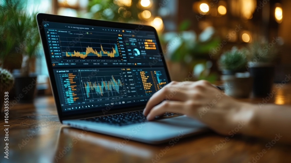 Poster A person is focused on typing on a laptop that shows intricate financial graphs and analytics. The workspace features greenery and ambient lighting, creating a productive atmosphere.