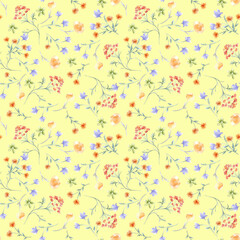 Delicate watercolor seamless pattern of flowers, herbs soft orange, blue colors isolated. Abstract meadow blooms on repeated texture hand painted. Simple botanical background for textile, paper.