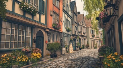 Fototapeta premium A charming European street lined with old, colorful buildings,