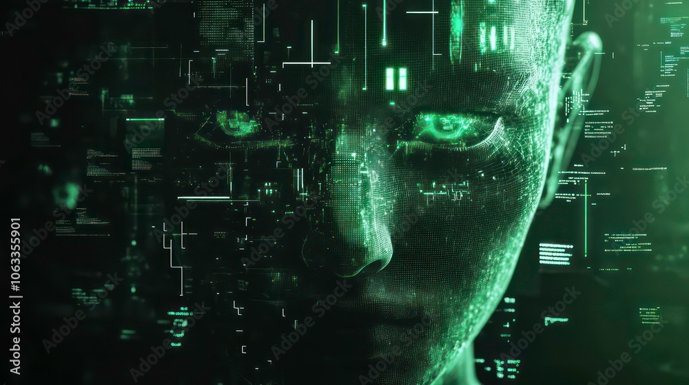 Poster A digital face composed of green data streams and patterns, symbolizing technology and AI.