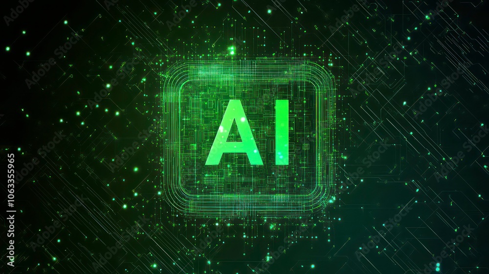 Poster A digital representation of AI with a green circuit background.