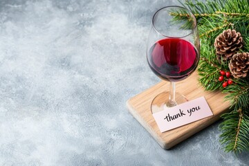 Customer Appreciation Holiday Gift Concept. A glass of red wine on a wooden board beside pine branches and pinecones featuring a note that reads "thank you"
