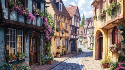 Obraz premium A charming European street lined with old, colorful buildings,
