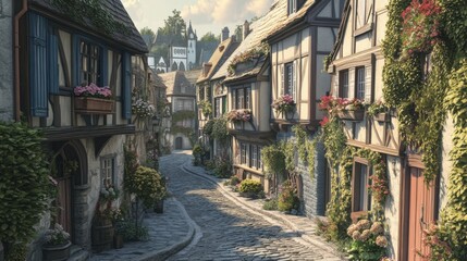 Obraz premium A charming European street lined with old, colorful buildings,