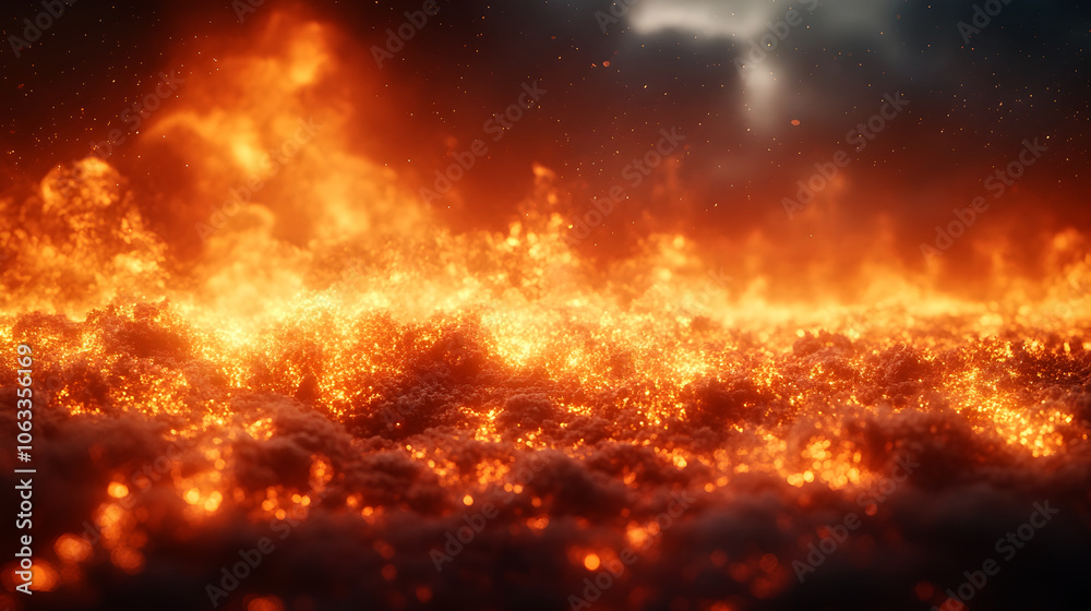 Poster dramatic scene of a massive fiery explosion with intense flames and thick smoke engulfing the entire
