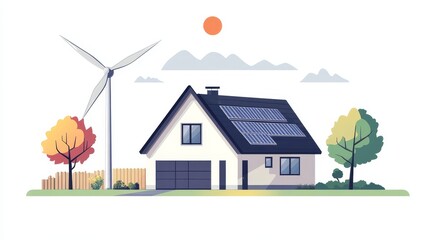 A clean energy illustration featuring a house with solar panels, a wind turbine, and trees under a sunlit sky