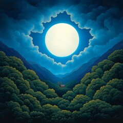 A serene landscape featuring a large moon over lush trees and a deer.