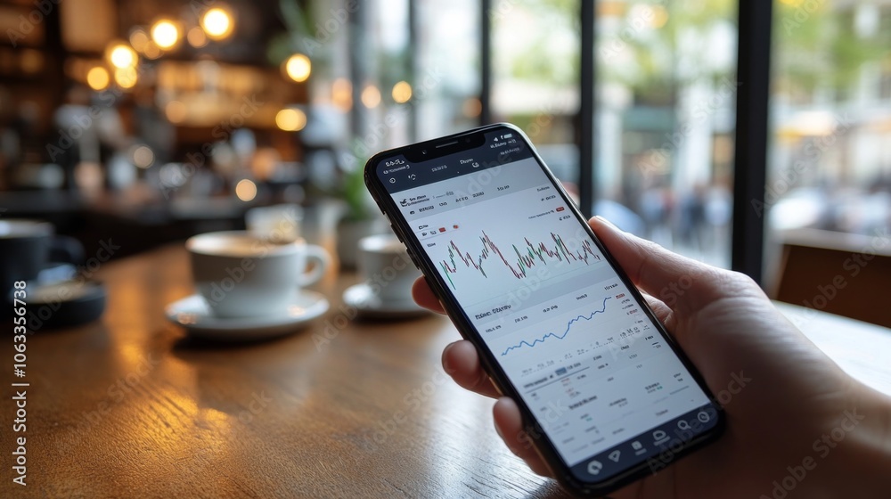 Aufkleber a hand holds a smartphone showing stock market trends while seated in a warm cafe. coffee cups await