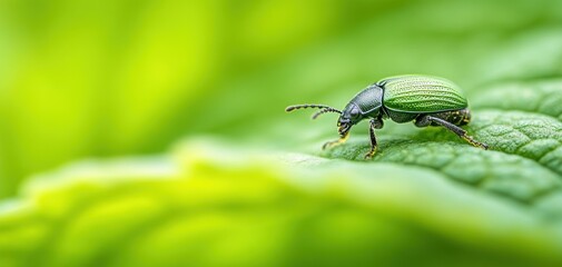Naklejka premium Close-up of a green beetle resting on a vibrant green leaf, showcasing intricate details and textures of nature in a beautiful, serene environment.