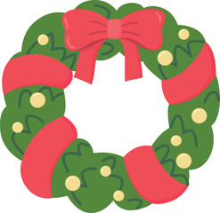 Christmas wreath with red bow and yellow balls. Cute holiday object
