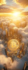 A breathtaking long shot of a cryptocurrency city