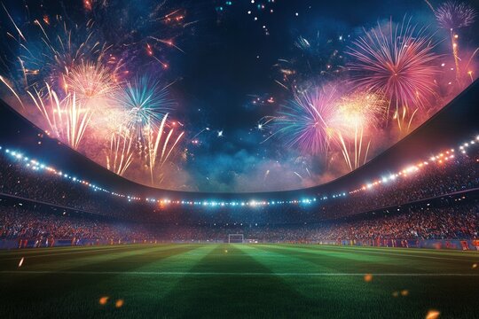 Colorful fireworks exploding over a football field in a crowded stadium at night