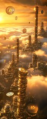 A breathtaking long shot of a cryptocurrency city