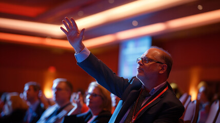 Businessman raising hand at seminar.