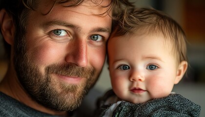 Closeup of a new dad lovingly holding his young baby, capturing the essence of fatherhood, warm lighting, emotional connection, soft focus on their faces