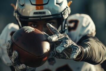 American football player wearing helmet and gloves catching ball during match
