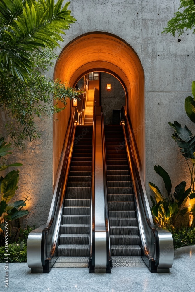 Poster two moving staircases with people going up and down