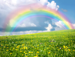 Naklejka premium Vibrant rainbow arcs over lush green field in raw natural beauty, captured in style.