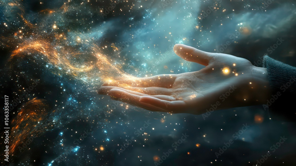 Poster a hand reaching out to cosmic space, symbolizing connection to the universe.