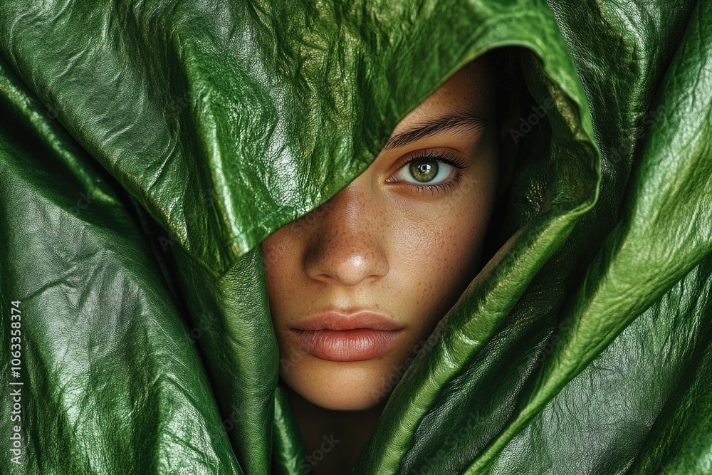Aufkleber close-up of a person wearing a leaf as a mask, ideal for using in creative projects where you need t
