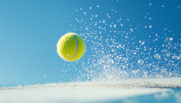 Dynamic low angle view of a tennis ball hitting a bright white court line, dust dispersing in the air, conveying motion and excitement, clear blue sky above