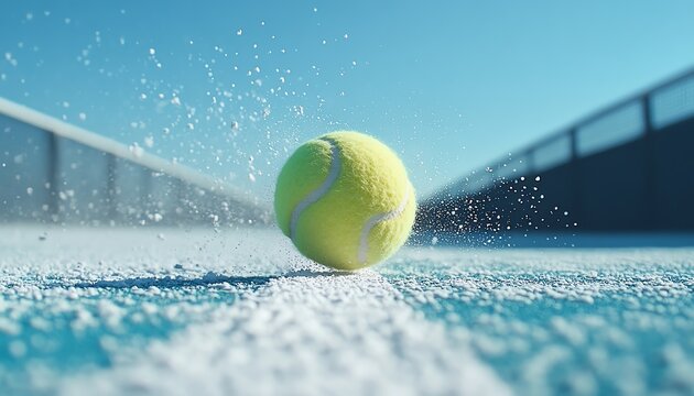 Dynamic low angle view of a tennis ball hitting a bright white court line, dust dispersing in the air, conveying motion and excitement, clear blue sky above