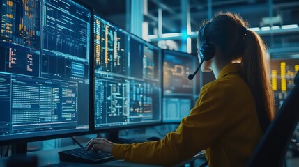 A person monitors multiple screens displaying data and analytics in a tech environment.