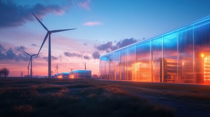A futuristic wind farm with transparent turbines spinning gracefully